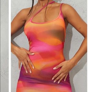 Pink Abstract Print Slinky Asymmetric Strap Detail Bodycon Dress
